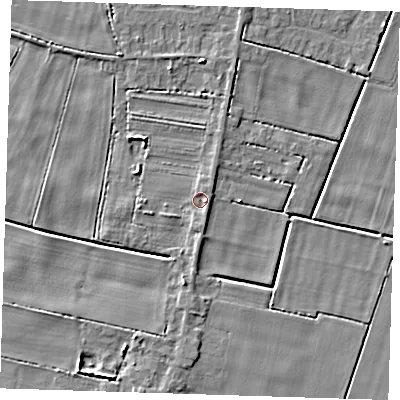 Shaded relief map of the ground around PE140AT, computed from Environment Agency LiDAR. The ground here sits at about 2 m above sea level and falls 5 m across the surrounding 800 m. Surface water reaching this point runs off ground lying to the east-south-east, 1.5 m higher.