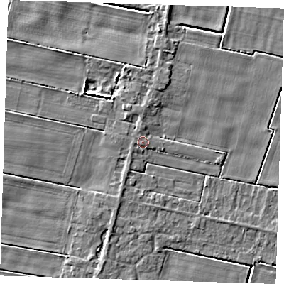 Shaded relief map of the ground around PE140AU, computed from Environment Agency LiDAR. The ground here sits at about 3 m above sea level and falls 4 m across the surrounding 800 m. Surface water reaching this point runs off ground lying to the north-north-west, 0.8 m higher.