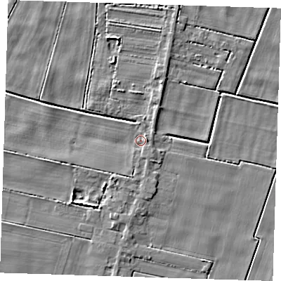 Shaded relief map of the ground around PE140AX, computed from Environment Agency LiDAR. The ground here sits at about 2 m above sea level and falls 5 m across the surrounding 800 m. Surface water reaching this point runs off ground lying to the east, 1.6 m higher.