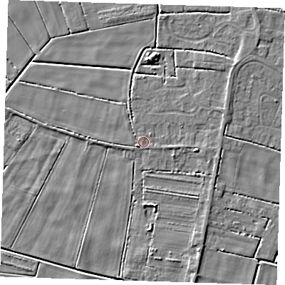 Shaded relief map of the ground around PE140AY, computed from Environment Agency LiDAR. The ground here sits at about 3 m above sea level and falls 5 m across the surrounding 800 m. Surface water reaching this point runs off ground lying to the east-north-east, 1.7 m higher.
