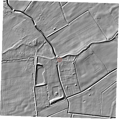 Shaded relief map of the ground around PE140AZ, computed from Environment Agency LiDAR. The ground here sits at about 2 m above sea level and falls 5 m across the surrounding 800 m. Surface water reaching this point runs off ground lying to the west-north-west, 1.1 m higher.
