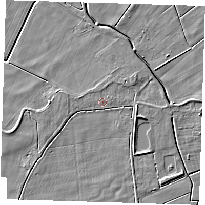 Shaded relief map of the ground around PE140BA, computed from Environment Agency LiDAR. The ground here sits at about 2 m above sea level and falls 5 m across the surrounding 800 m. The ground contributing surface water to this point lies to the north-north-east.