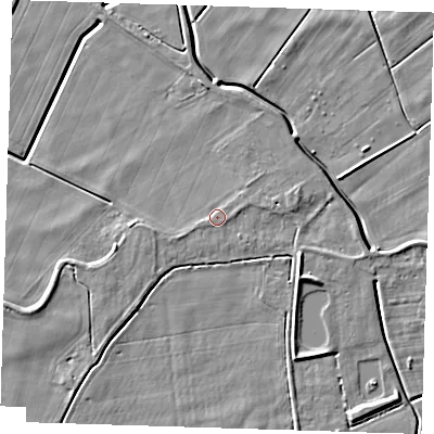 Shaded relief map of the ground around PE140BB, computed from Environment Agency LiDAR. The ground here sits at about 2 m above sea level and falls 5 m across the surrounding 800 m. Surface water reaching this point runs off ground lying to the east-north-east, 1.0 m higher.