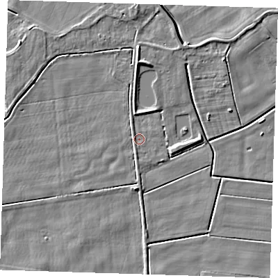 Shaded relief map of the ground around PE140BD, computed from Environment Agency LiDAR. The ground here sits at about 1 m above sea level and falls 5 m across the surrounding 800 m. Surface water reaching this point runs off ground lying to the south-south-west, 0.9 m higher.