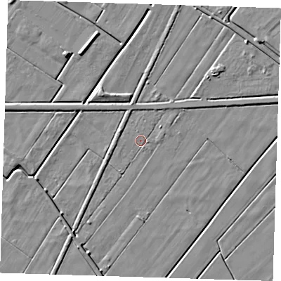 Shaded relief map of the ground around PE140EN, computed from Environment Agency LiDAR. The ground here sits at about 1 m above sea level and falls 6 m across the surrounding 800 m. Surface water reaching this point runs off ground lying to the north-north-east, 1.7 m higher.