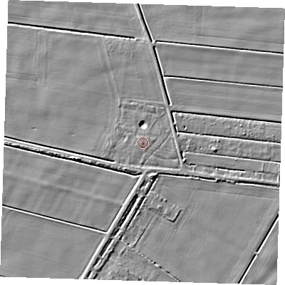 Shaded relief map of the ground around PE140HB, computed from Environment Agency LiDAR. The ground here sits at about 3 m above sea level and falls 4 m across the surrounding 800 m. Surface water reaching this point runs off ground lying to the south, 1.1 m higher.