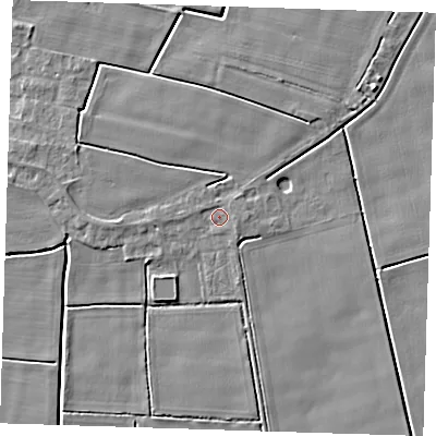 Shaded relief map of the ground around PE140HH, computed from Environment Agency LiDAR. The ground here sits at about 2 m above sea level and falls 4 m across the surrounding 800 m. Surface water reaching this point runs off ground lying to the east, 1.0 m higher.