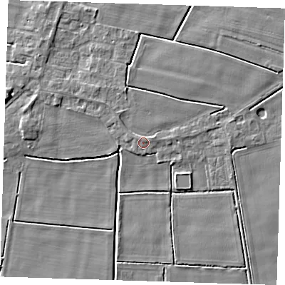 Shaded relief map of the ground around PE140HQ, computed from Environment Agency LiDAR. The ground here sits at about 3 m above sea level and falls 6 m across the surrounding 800 m. Surface water reaching this point runs off ground lying to the east-north-east, 1.1 m higher.