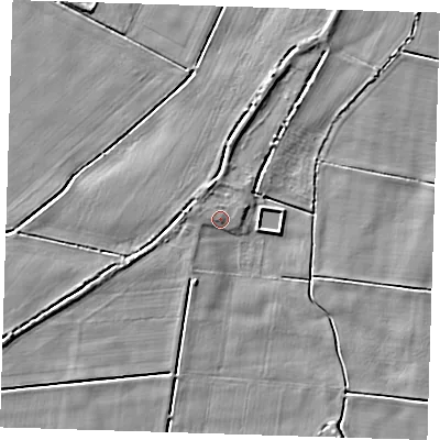 Shaded relief map of the ground around PE140HS, computed from Environment Agency LiDAR. The ground here sits at about 3 m above sea level and falls 5 m across the surrounding 800 m. Surface water reaching this point runs off ground lying to the north-north-west, 2.3 m higher.