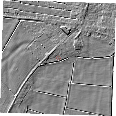 Shaded relief map of the ground around PE140HT, computed from Environment Agency LiDAR. The ground here sits at about 2 m above sea level and falls 6 m across the surrounding 800 m. Surface water reaching this point runs off ground lying to the west-north-west, 2.8 m higher.