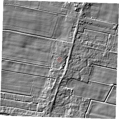 Shaded relief map of the ground around PE140JA, computed from Environment Agency LiDAR. The ground here sits at about 2 m above sea level and falls 3 m across the surrounding 800 m. Surface water reaching this point runs off ground lying to the south-south-east, 1.8 m higher.