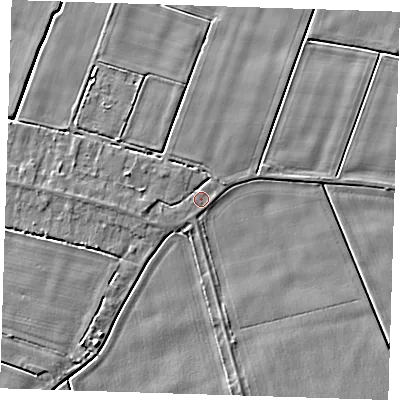 Shaded relief map of the ground around PE140LE, computed from Environment Agency LiDAR. The ground here sits at about 2 m above sea level and falls 3 m across the surrounding 800 m. Surface water reaching this point runs off ground lying to the west-north-west, 1.6 m higher.
