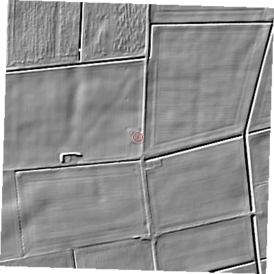Shaded relief map of the ground around PE140LJ, computed from Environment Agency LiDAR. The ground here sits at about 2 m above sea level and falls 4 m across the surrounding 800 m. Surface water reaching this point runs off ground lying to the south-south-east, 1.0 m higher.