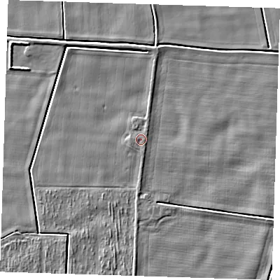 Shaded relief map of the ground around PE140LL, computed from Environment Agency LiDAR. The ground here sits at about 2 m above sea level and falls 4 m across the surrounding 800 m. Surface water reaching this point runs off ground lying to the east-south-east, 0.6 m higher.