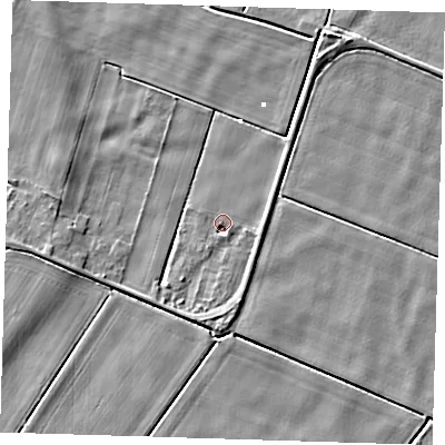 Shaded relief map of the ground around PE140LN, computed from Environment Agency LiDAR. The ground here sits at about 1 m above sea level and falls 4 m across the surrounding 800 m. Surface water reaching this point runs off ground lying to the south, 1.9 m higher.