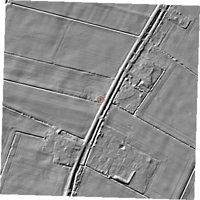 Shaded relief map of the ground around PE140LP, computed from Environment Agency LiDAR. The ground here sits at about 2 m above sea level and falls 4 m across the surrounding 800 m. Surface water reaching this point runs off ground lying to the south, 1.8 m higher.