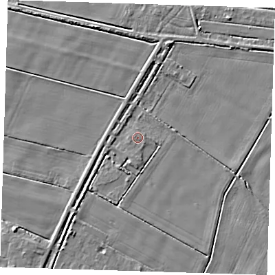 Shaded relief map of the ground around PE140LS, computed from Environment Agency LiDAR. The ground here sits at about 2 m above sea level and falls 4 m across the surrounding 800 m. Surface water reaching this point runs off ground lying to the south-west, 3.4 m higher.