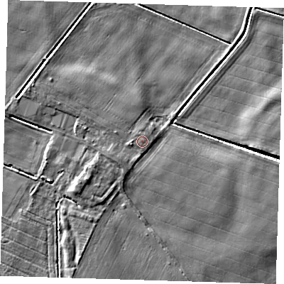 Shaded relief map of the ground around PE140LU, computed from Environment Agency LiDAR. The ground here sits at about 3 m above sea level and falls 6 m across the surrounding 800 m. The ground contributing surface water to this point lies to the west.