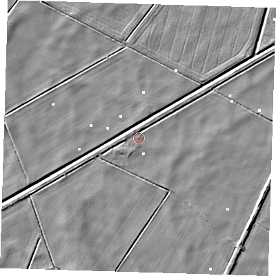 Shaded relief map of the ground around PE140NP, computed from Environment Agency LiDAR. The ground here sits at about 1 m above sea level and falls 4 m across the surrounding 800 m. Surface water reaching this point runs off ground lying to the north-north-west, 2.2 m higher.