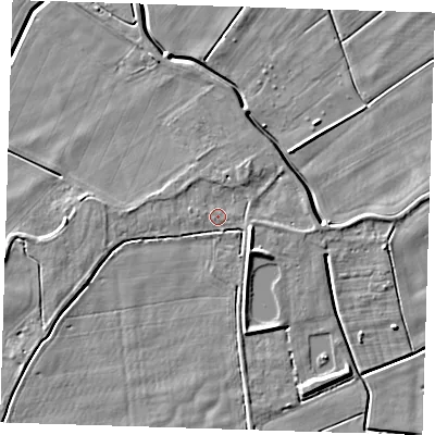Shaded relief map of the ground around PE140NT, computed from Environment Agency LiDAR. The ground here sits at about 2 m above sea level and falls 5 m across the surrounding 800 m. Surface water reaching this point runs off ground lying to the north-north-east, 2.3 m higher.