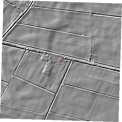 Shaded relief map of the ground around PE140NU, computed from Environment Agency LiDAR. The ground here sits at about 1 m above sea level and falls 4 m across the surrounding 800 m. Surface water reaching this point runs off ground lying to the west-north-west, 0.9 m higher.