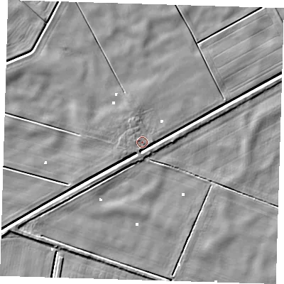 Shaded relief map of the ground around PE140NW, computed from Environment Agency LiDAR. The ground here sits at about 1 m above sea level and falls 4 m across the surrounding 800 m. Surface water reaching this point runs off ground lying to the west-south-west, 2.8 m higher.