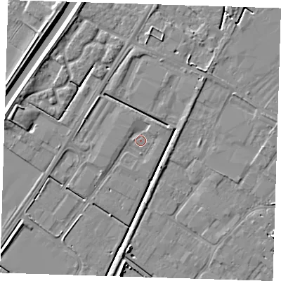 Shaded relief map of the ground around PE140RA, computed from Environment Agency LiDAR. The ground here sits at about 2 m above sea level and falls 5 m across the surrounding 800 m. Surface water reaching this point runs off ground lying to the north-east, 4.1 m higher.