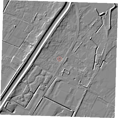 Shaded relief map of the ground around PE140RD, computed from Environment Agency LiDAR. The ground here sits at about 3 m above sea level and falls 6 m across the surrounding 800 m. Surface water reaching this point runs off ground lying to the north-north-west, 3.1 m higher.