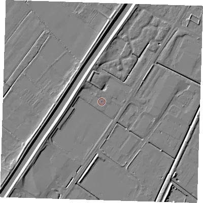 Shaded relief map of the ground around PE140RF, computed from Environment Agency LiDAR. The ground here sits at about 3 m above sea level and falls 6 m across the surrounding 800 m. Surface water reaching this point runs off ground lying to the west-north-west, 2.6 m higher.
