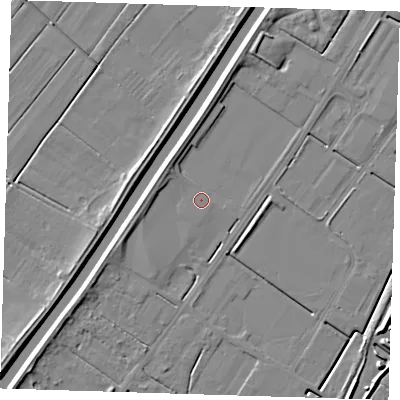Shaded relief map of the ground around PE140RG, computed from Environment Agency LiDAR. The ground here sits at about 3 m above sea level and falls 7 m across the surrounding 800 m. Surface water reaching this point runs off ground lying to the east-north-east, 0.8 m higher.