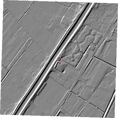 Shaded relief map of the ground around PE140RH, computed from Environment Agency LiDAR. The ground here sits at about 4 m above sea level and falls 5 m across the surrounding 800 m. Surface water reaching this point runs off ground lying to the south-south-west, 2.3 m higher.