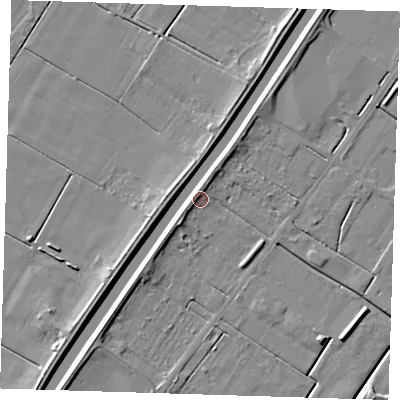 Shaded relief map of the ground around PE140RJ, computed from Environment Agency LiDAR. The ground here sits at about 3 m above sea level and falls 6 m across the surrounding 800 m. Surface water reaching this point runs off ground lying to the north-north-west, 2.3 m higher.