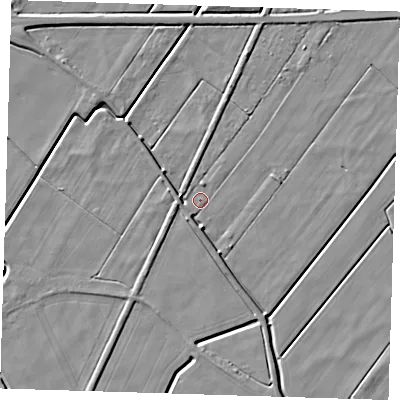 Shaded relief map of the ground around PE140RN, computed from Environment Agency LiDAR. The ground here sits at about 2 m above sea level and falls 5 m across the surrounding 800 m. Surface water reaching this point runs off ground lying to the south, 3.0 m higher.