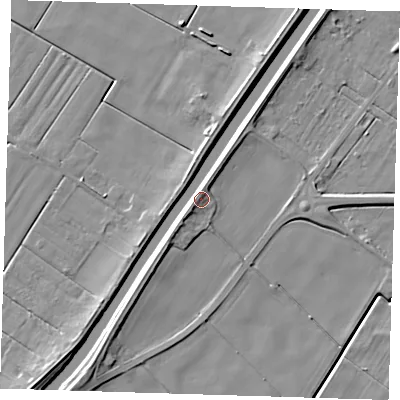 Shaded relief map of the ground around PE140RP, computed from Environment Agency LiDAR. The ground here sits at about 5 m above sea level and falls 7 m across the surrounding 800 m. Surface water reaching this point runs off ground lying to the west-south-west, 4.3 m higher.