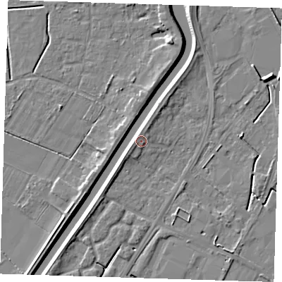 Shaded relief map of the ground around PE140RQ, computed from Environment Agency LiDAR. The ground here sits at about 5 m above sea level and falls 6 m across the surrounding 800 m. Surface water reaching this point runs off ground lying to the north-north-east, 1.5 m higher.