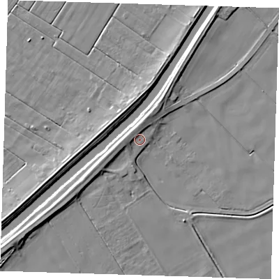 Shaded relief map of the ground around PE140RS, computed from Environment Agency LiDAR. The ground here sits at about 3 m above sea level and falls 6 m across the surrounding 800 m. Surface water reaching this point runs off ground lying to the west, 2.8 m higher.