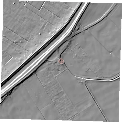 Shaded relief map of the ground around PE140RT, computed from Environment Agency LiDAR. The ground here sits at about 3 m above sea level and falls 7 m across the surrounding 800 m. Surface water reaching this point runs off ground lying to the north-west, 5.3 m higher.