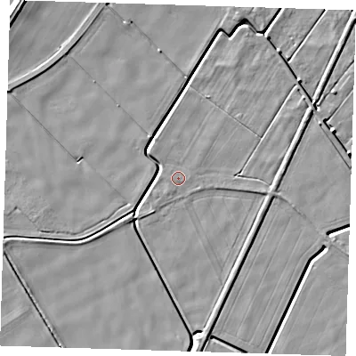 Shaded relief map of the ground around PE140RU, computed from Environment Agency LiDAR. The ground here sits at about 2 m above sea level and falls 7 m across the surrounding 800 m. Surface water reaching this point runs off ground lying to the south, 0.6 m higher.