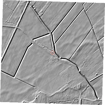 Shaded relief map of the ground around PE140RW, computed from Environment Agency LiDAR. The ground here sits at about 2 m above sea level and falls 5 m across the surrounding 800 m. Surface water reaching this point runs off ground lying to the south-east, 4.1 m higher.
