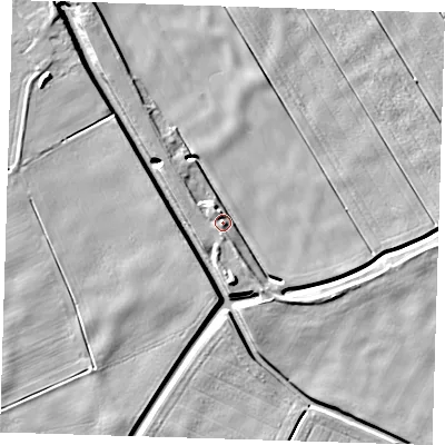 Shaded relief map of the ground around PE140RY, computed from Environment Agency LiDAR. The ground here sits at about 2 m above sea level and falls 7 m across the surrounding 800 m. Surface water reaching this point runs off ground lying to the north-west, 4.8 m higher.
