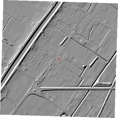 Shaded relief map of the ground around PE140SD, computed from Environment Agency LiDAR. The ground here sits at about 2 m above sea level and falls 7 m across the surrounding 800 m. Surface water reaching this point runs off ground lying to the north-north-east, 1.5 m higher.