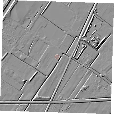 Shaded relief map of the ground around PE140SE, computed from Environment Agency LiDAR. The ground here sits at about 2 m above sea level and falls 7 m across the surrounding 800 m. Surface water reaching this point runs off ground lying to the north-north-west, 0.5 m higher.