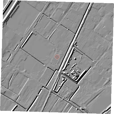 Shaded relief map of the ground around PE140SH, computed from Environment Agency LiDAR. The ground here sits at about 2 m above sea level and falls 7 m across the surrounding 800 m. The ground contributing surface water to this point lies to the south.