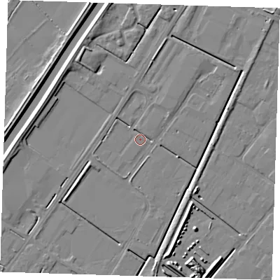 Shaded relief map of the ground around PE140SL, computed from Environment Agency LiDAR. The ground here sits at about 2 m above sea level and falls 7 m across the surrounding 800 m. Surface water reaching this point runs off ground lying to the north, 3.4 m higher.