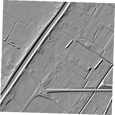 Shaded relief map of the ground around PE140SN, computed from Environment Agency LiDAR. The ground here sits at about 2 m above sea level and falls 7 m across the surrounding 800 m. Surface water reaching this point runs off ground lying to the west-south-west, 4.7 m higher.