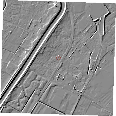 Shaded relief map of the ground around PE140SS, computed from Environment Agency LiDAR. The ground here sits at about 3 m above sea level and falls 6 m across the surrounding 800 m. Surface water reaching this point runs off ground lying to the north-west, 3.1 m higher.