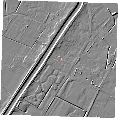 Shaded relief map of the ground around PE140ST, computed from Environment Agency LiDAR. The ground here sits at about 3 m above sea level and falls 6 m across the surrounding 800 m. Surface water reaching this point runs off ground lying to the west-south-west, 2.9 m higher.