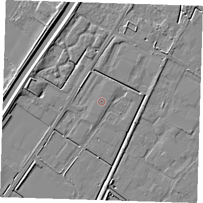 Shaded relief map of the ground around PE140SW, computed from Environment Agency LiDAR. The ground here sits at about 3 m above sea level and falls 5 m across the surrounding 800 m. The ground contributing surface water to this point lies to the east.