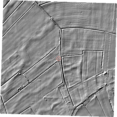 Shaded relief map of the ground around PE140SX, computed from Environment Agency LiDAR. The ground here sits at about 2 m above sea level and falls 5 m across the surrounding 800 m. Surface water reaching this point runs off ground lying to the north-north-east, 1.1 m higher.