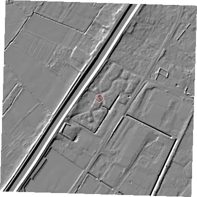 Shaded relief map of the ground around PE140TE, computed from Environment Agency LiDAR. The ground here sits at about 4 m above sea level and falls 5 m across the surrounding 800 m. Surface water reaching this point runs off ground lying to the west-north-west, 2.5 m higher.